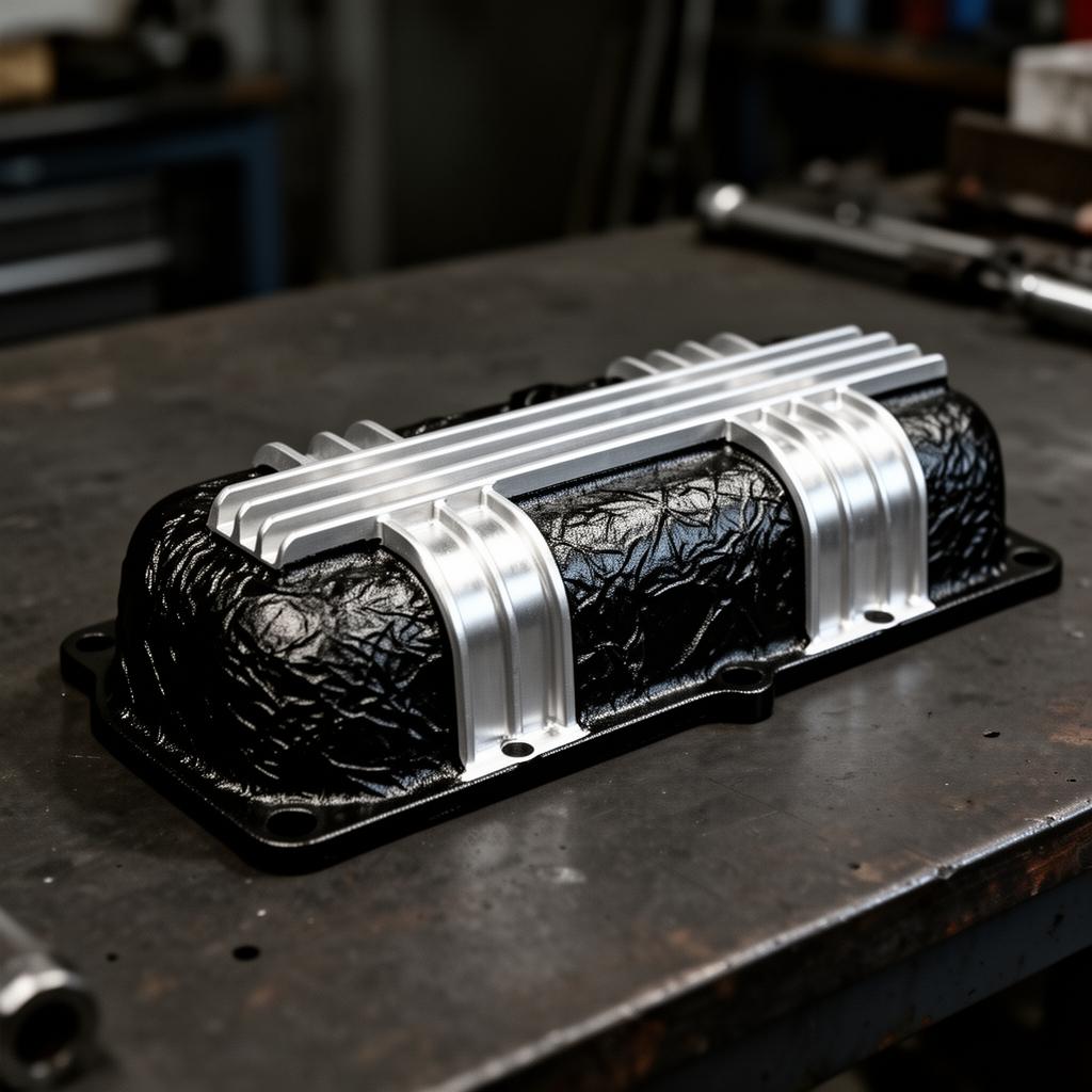 Valve cover — Cast iron · Crinkle Black · Machined letters